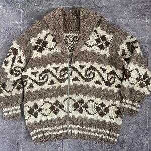 Men's Vintage 60's Cowichan Knit Lightning Zipper Aztec Wool Sweater Jacket Sz L